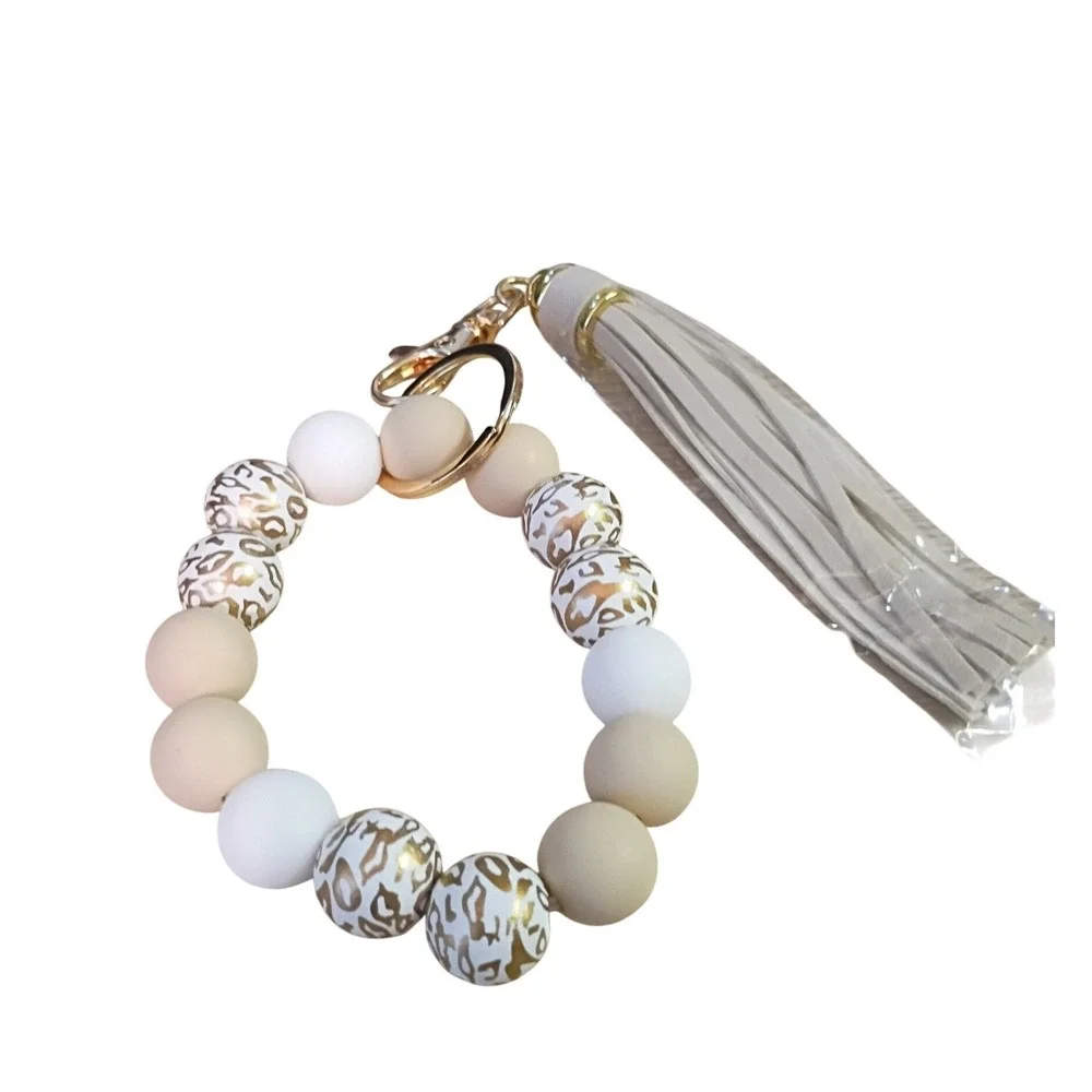 Silicone Bead Wristlet Keychain Leopard Print Tassel Gold Tone Key Ring Cream